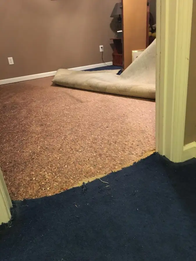 Carpet pad removal revealing water damage during Water Mitigation Services in Satsuma